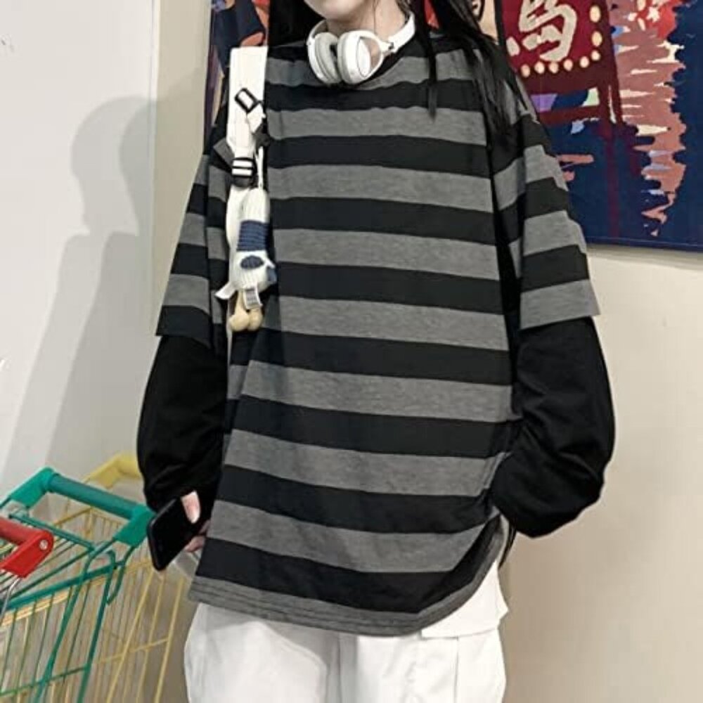 Harajuku Oversized Striped T-Shirt Long Sleeve Crew Neck Pullover